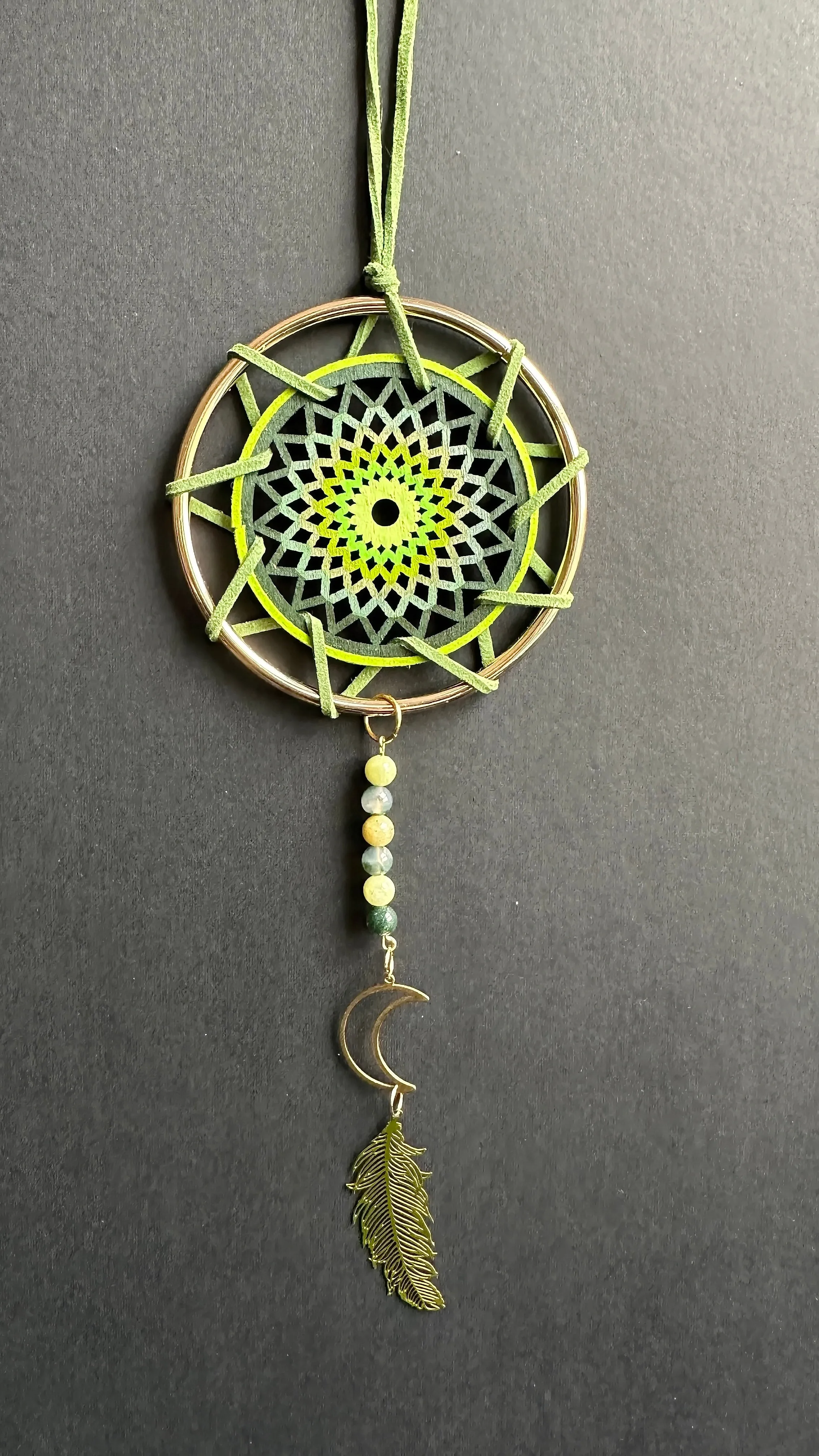 Hand painted Wooden Dreamcatcher w/ Moss Agate, Jade (M)