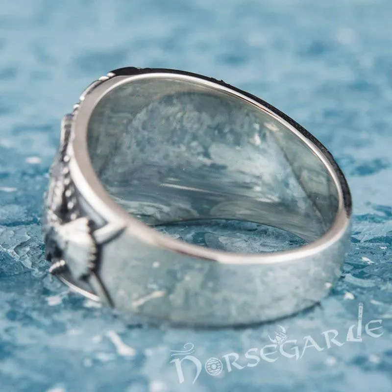 Handcrafted Ravens and Helm of Awe Ring - Sterling Silver