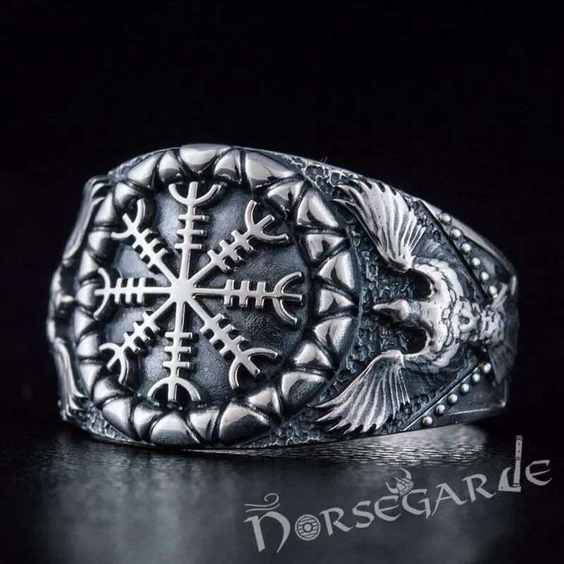 Handcrafted Ravens and Helm of Awe Ring - Sterling Silver