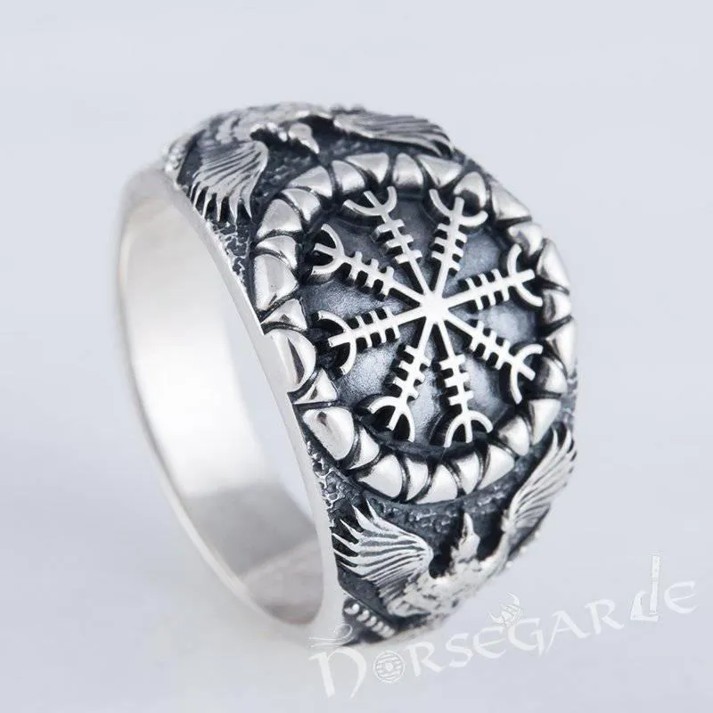 Handcrafted Ravens and Helm of Awe Ring - Sterling Silver