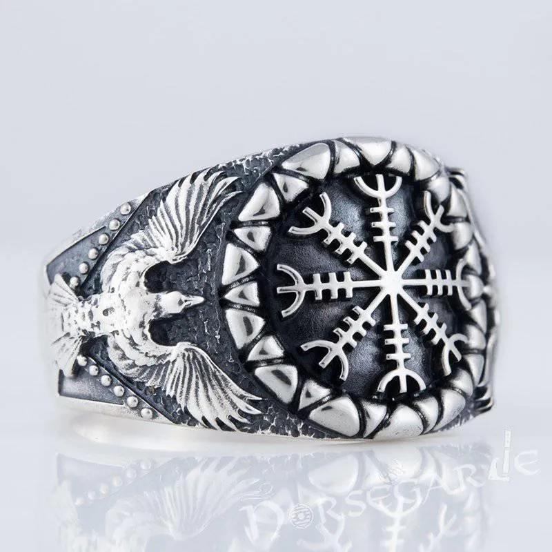 Handcrafted Ravens and Helm of Awe Ring - Sterling Silver