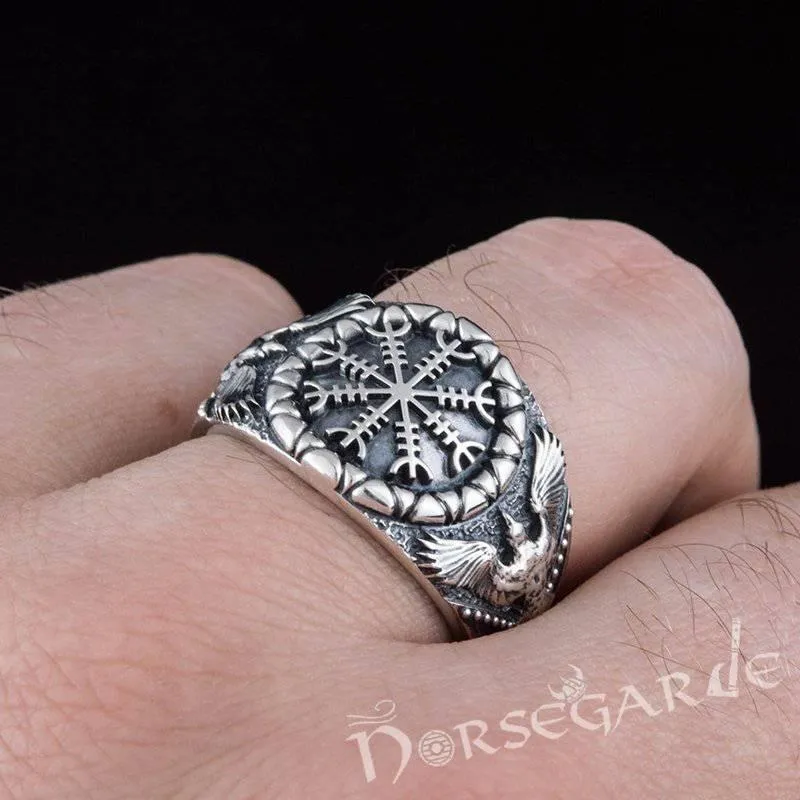 Handcrafted Ravens and Helm of Awe Ring - Sterling Silver