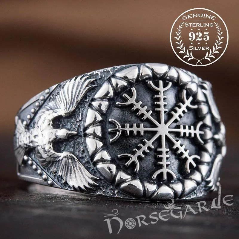 Handcrafted Ravens and Helm of Awe Ring - Sterling Silver