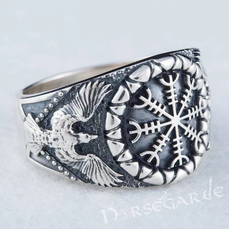 Handcrafted Ravens and Helm of Awe Ring - Sterling Silver