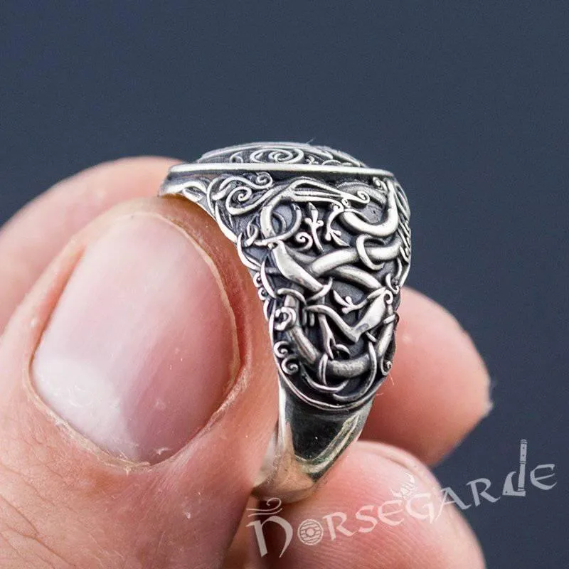 Handcrafted Urnes Style Valknut Ring - Sterling Silver