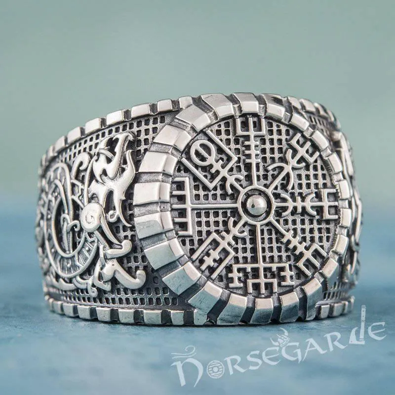 Handcrafted Vegvisir Viking Ornament Signet Ring - Sterling Silver