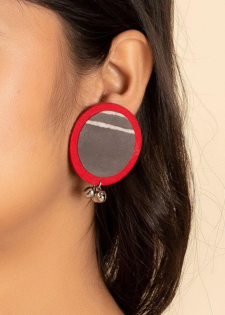 Handmade Red Grey Ajrakh Cotton Fabric Ghungroo Stud Earrings - Perfect for All Occasions