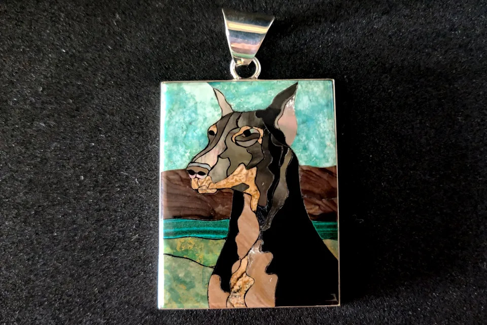 Handmade Sterling Silver Doberman Mosaic Inlay Pendant with Turquoise and Malachite