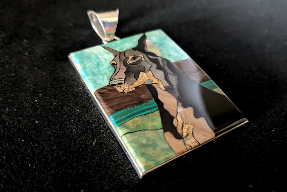 Handmade Sterling Silver Doberman Mosaic Inlay Pendant with Turquoise and Malachite