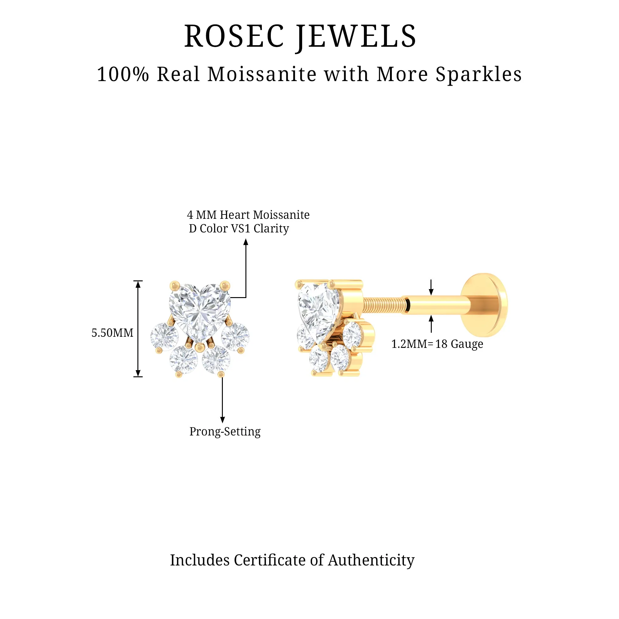 Heart Shape Moissanite Paw Cartilage Earring in Gold