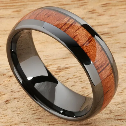 High Tech Black Ceramic Natural Koa Wood Oval Wedding Ring 8mm