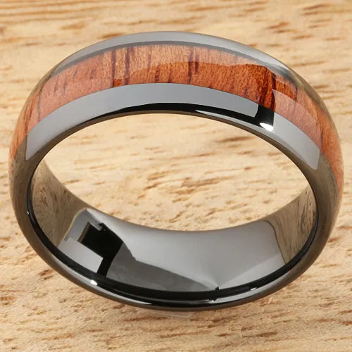 High Tech Black Ceramic Natural Koa Wood Oval Wedding Ring 8mm