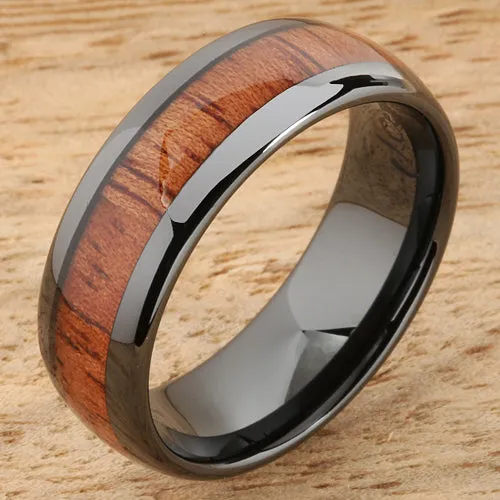 High Tech Black Ceramic Natural Koa Wood Oval Wedding Ring 8mm