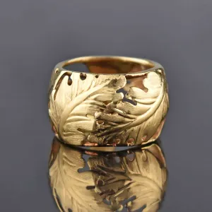 Italian 14K Gold Wide Engraved Leaf Band Ring