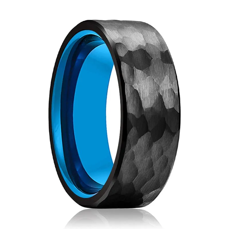 KAILANI | Blue Tungsten Ring, Black Tungsten Ring, Hammered, Flat