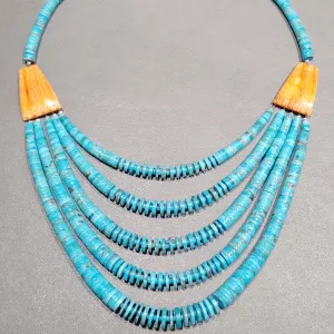 Lupe Lovato Kewa  Kingman Turquoise Spiny Oyster Bib Necklace 5-Strand Necklace - Handmade Native American