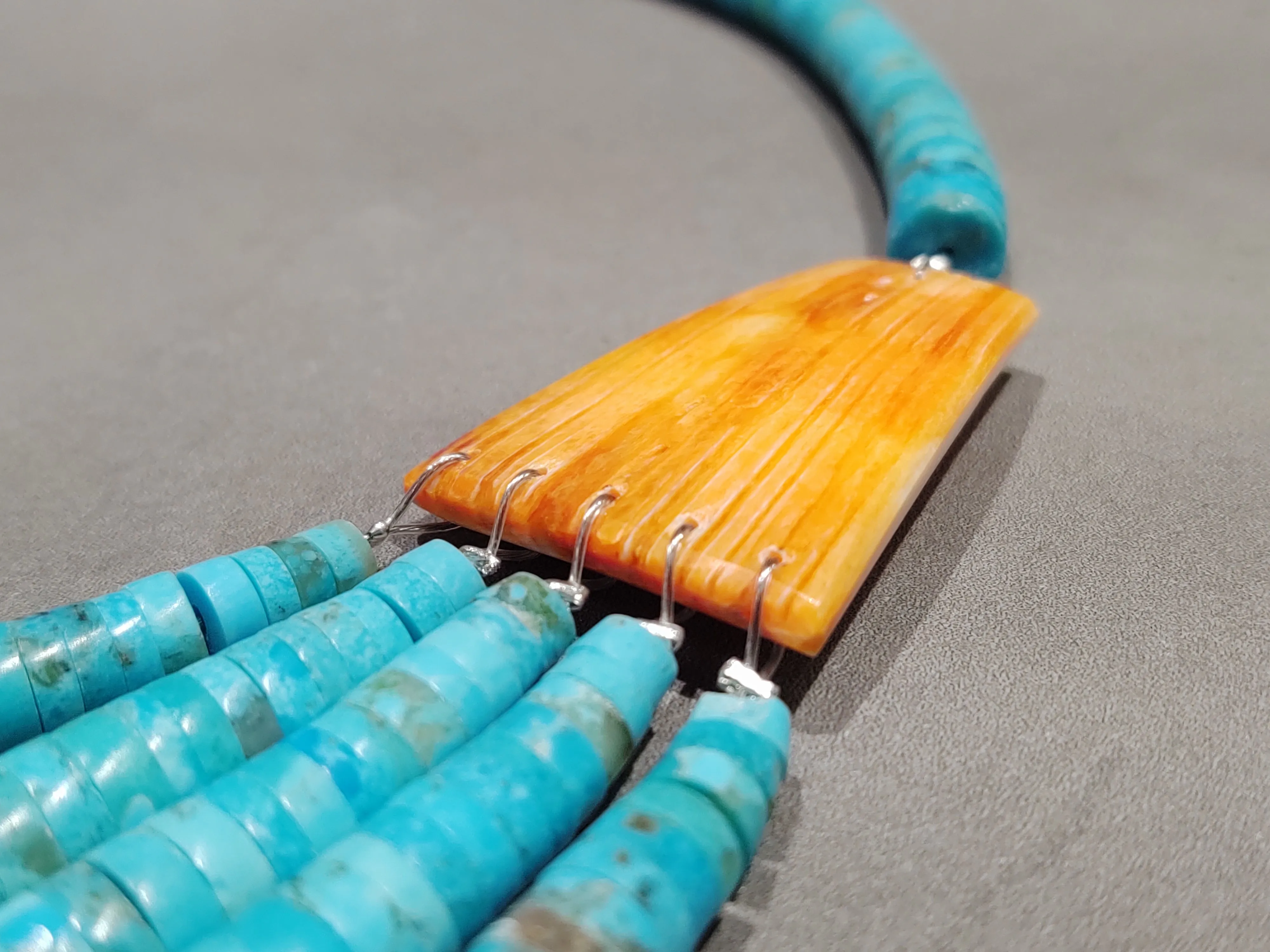 Lupe Lovato Kewa  Kingman Turquoise Spiny Oyster Bib Necklace 5-Strand Necklace - Handmade Native American