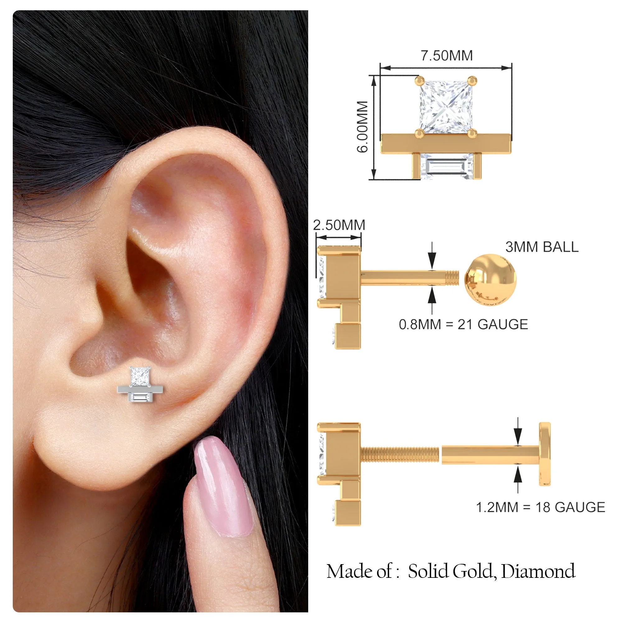 Minimalist Princess Cut Moissanite Cartilage Earring