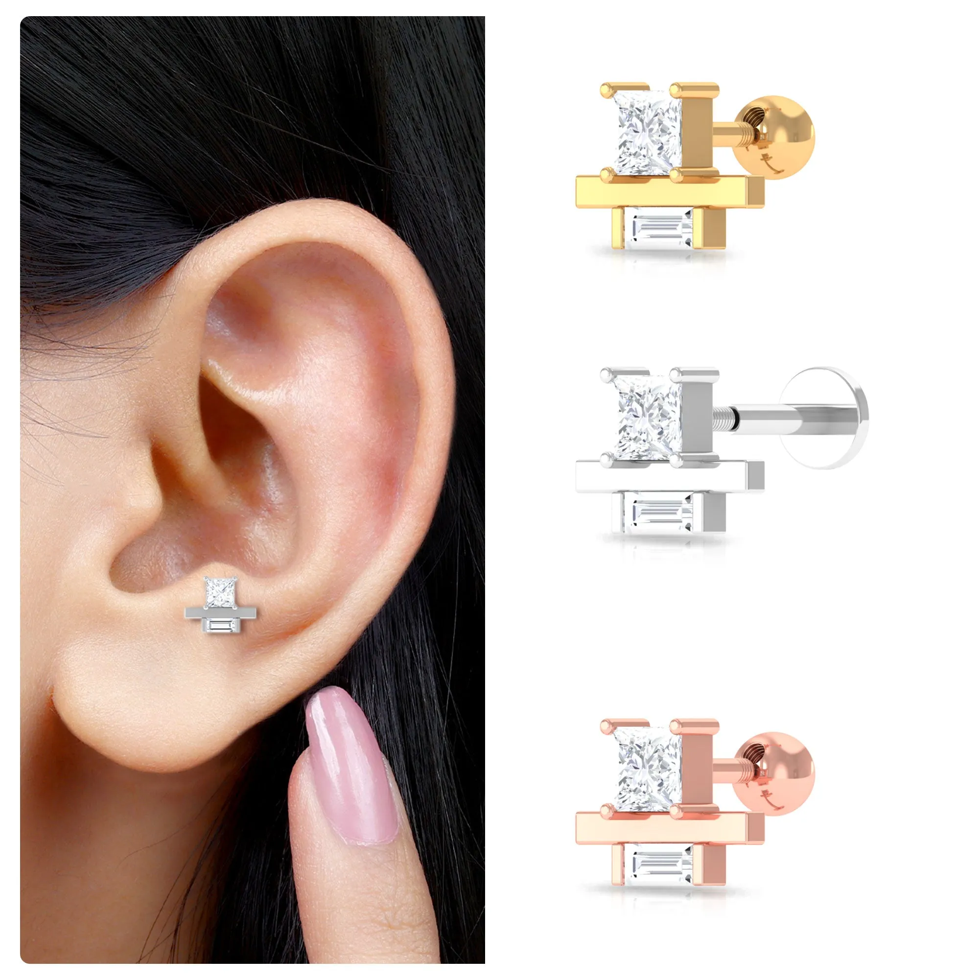 Minimalist Princess Cut Moissanite Cartilage Earring