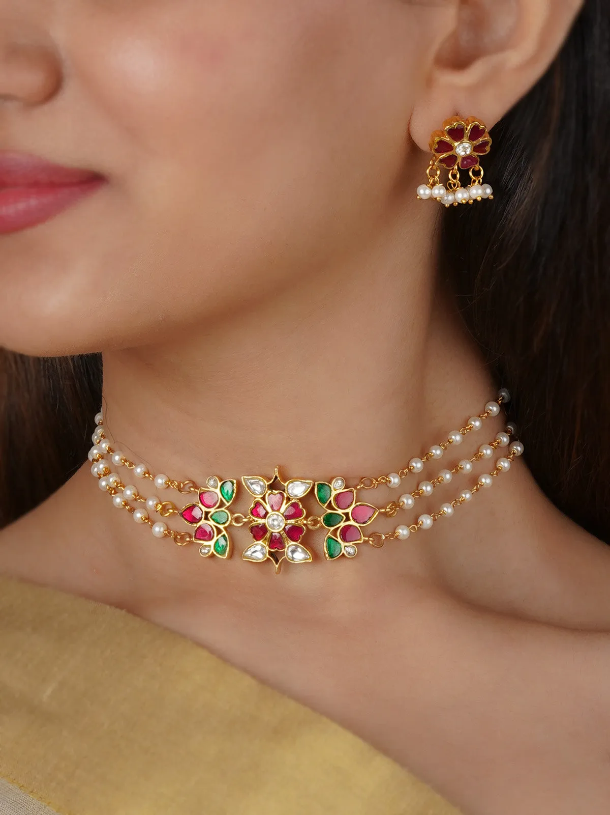 Multicolor Gold Plated Jadau Kundan Necklace Set - MS2257