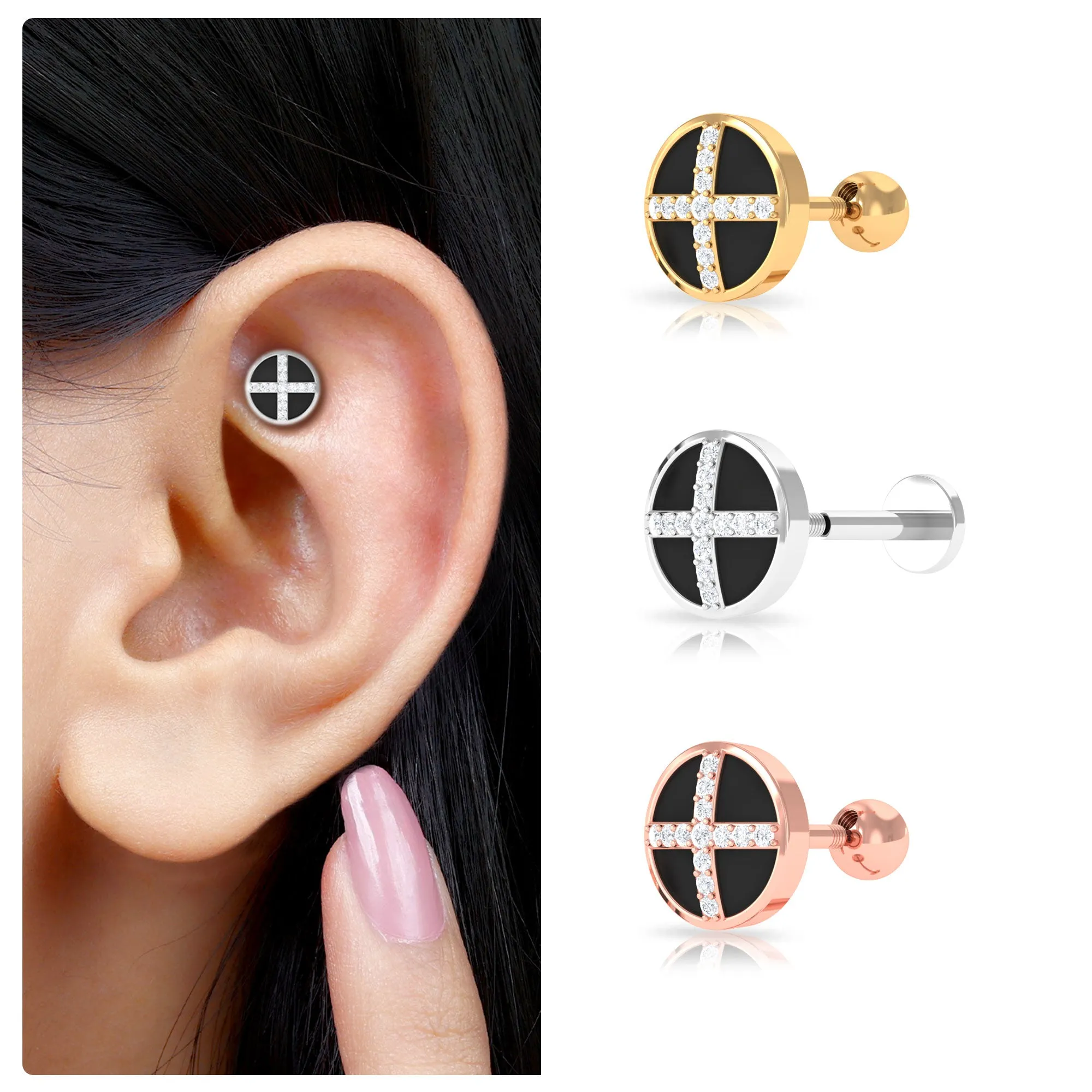 Natural Diamond Black Enamel Circle Earring in Gold