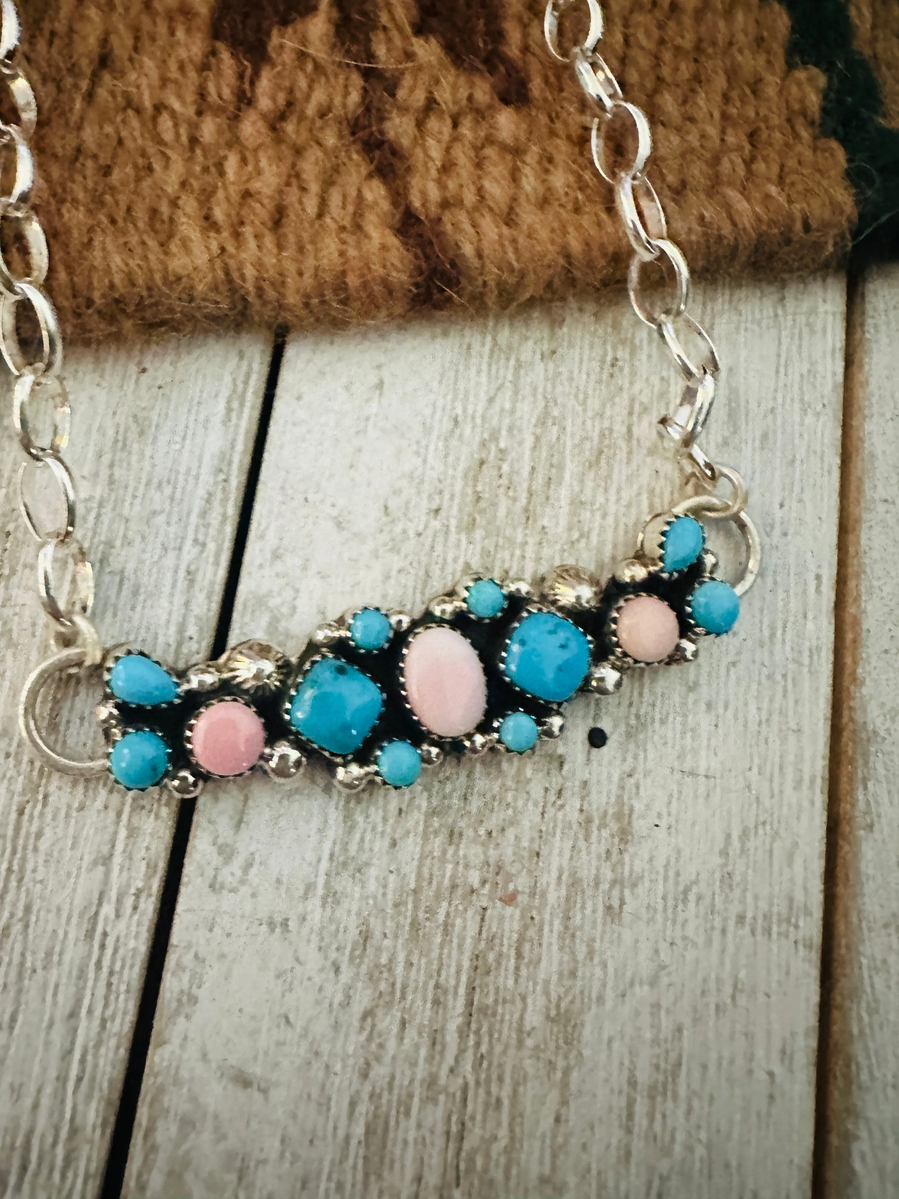 Navajo Sterling Silver, Turquoise & Queen Pink Necklace