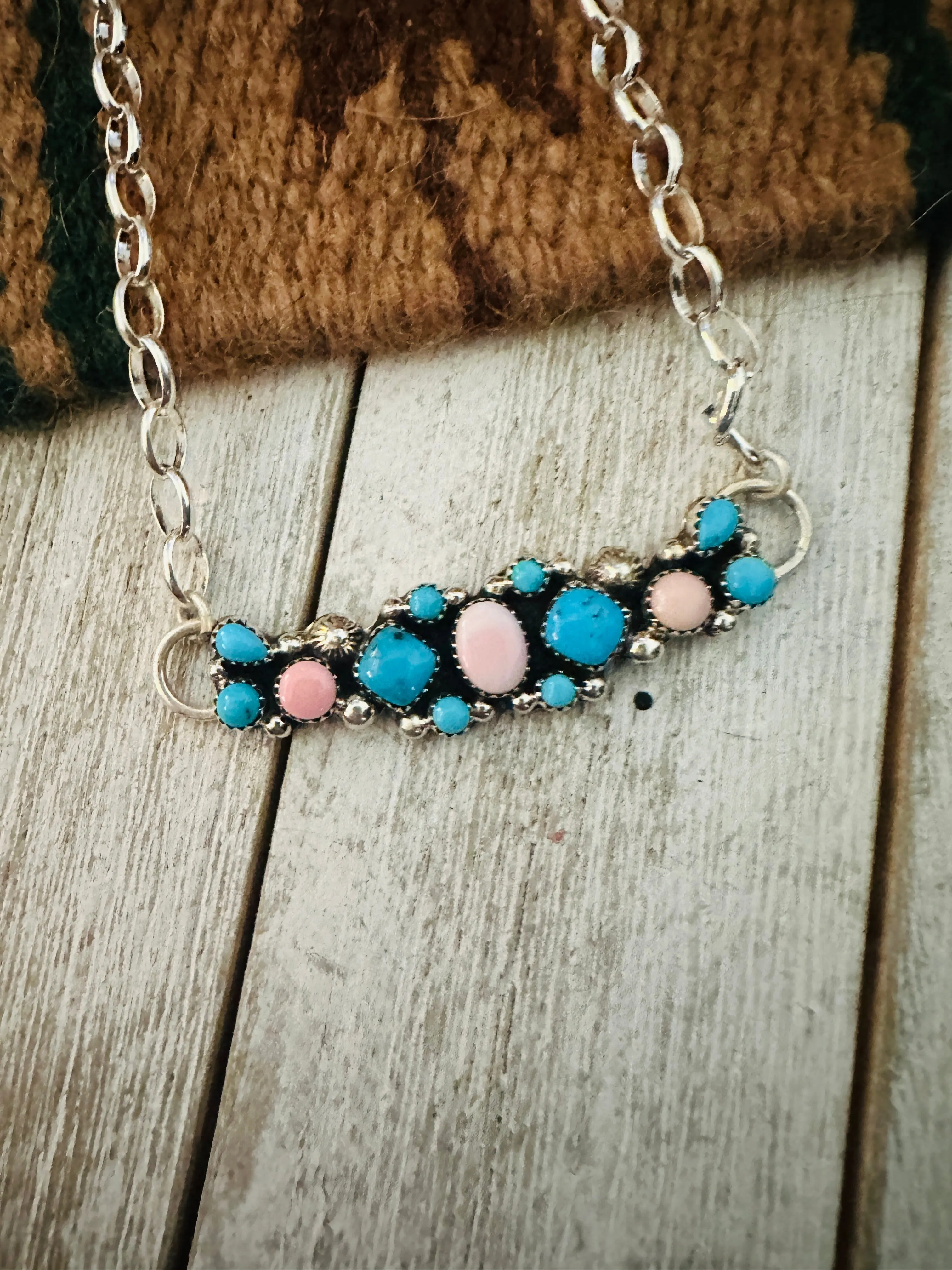 Navajo Sterling Silver, Turquoise & Queen Pink Necklace