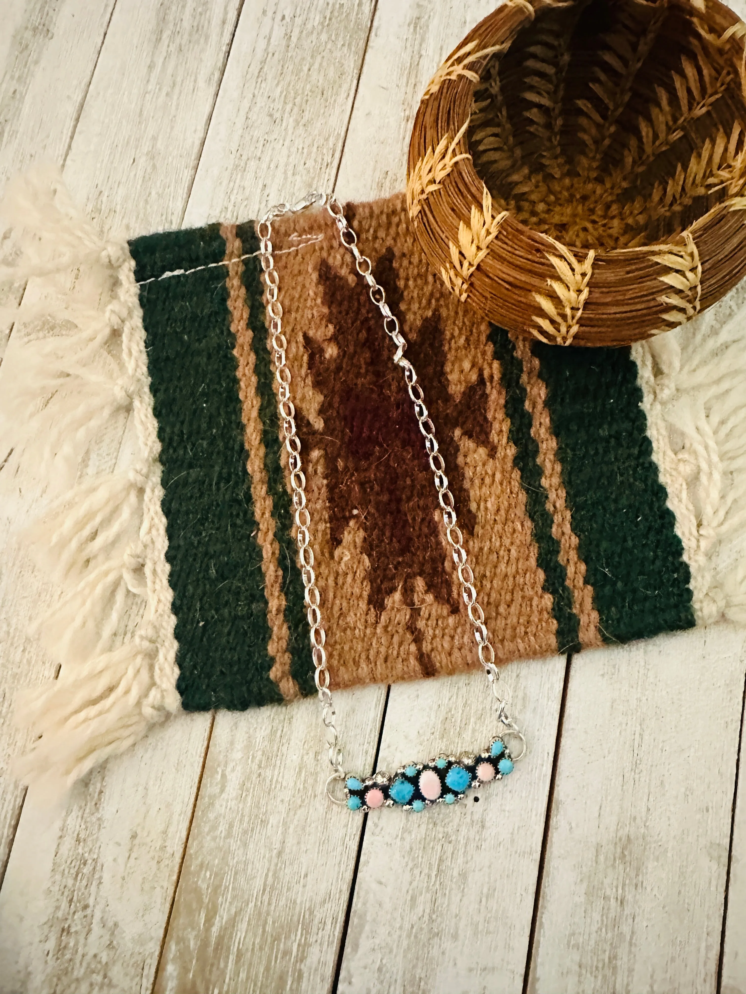 Navajo Sterling Silver, Turquoise & Queen Pink Necklace