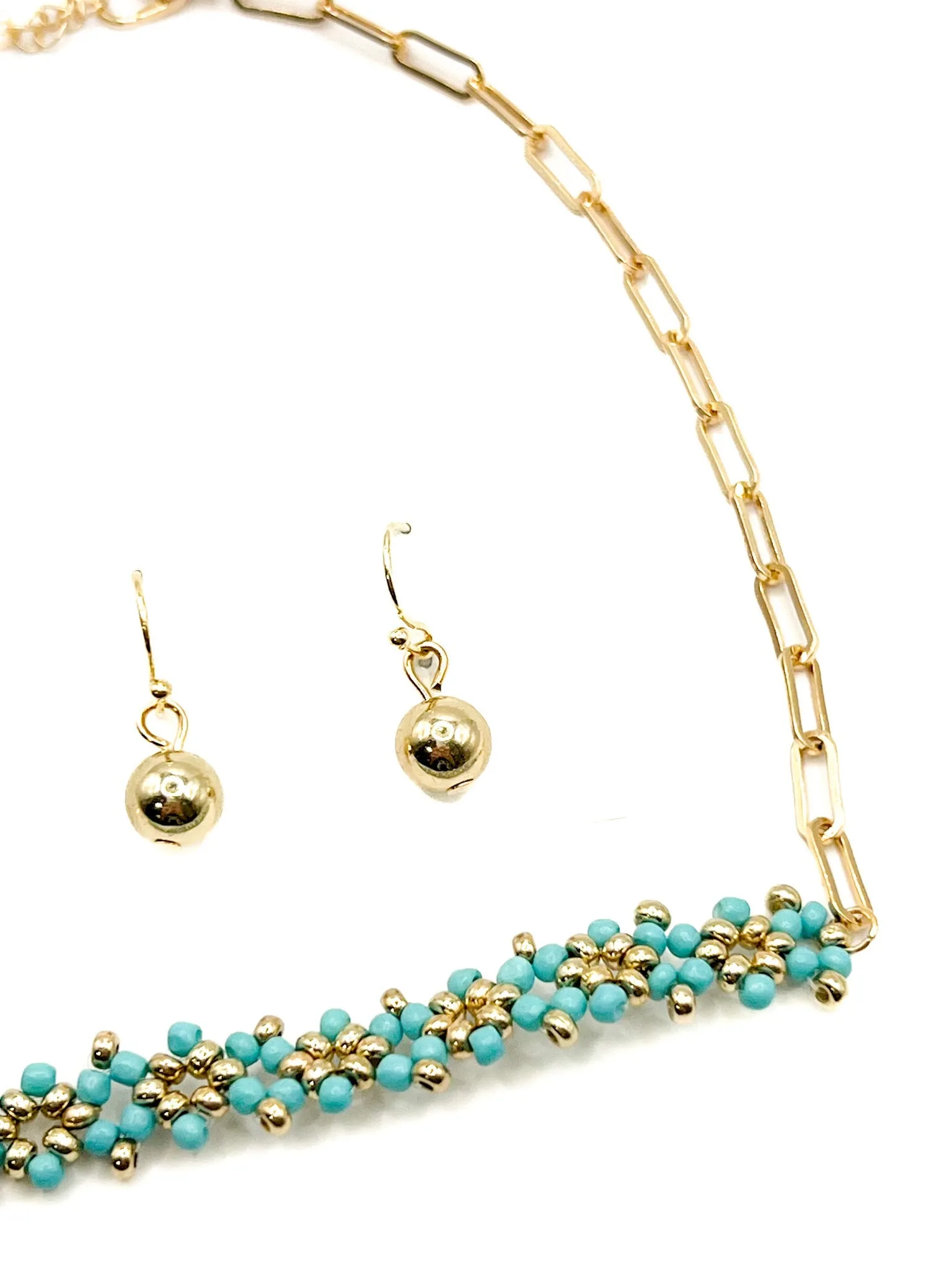 Ornate Turquoise & Gold Chain Necklace Set