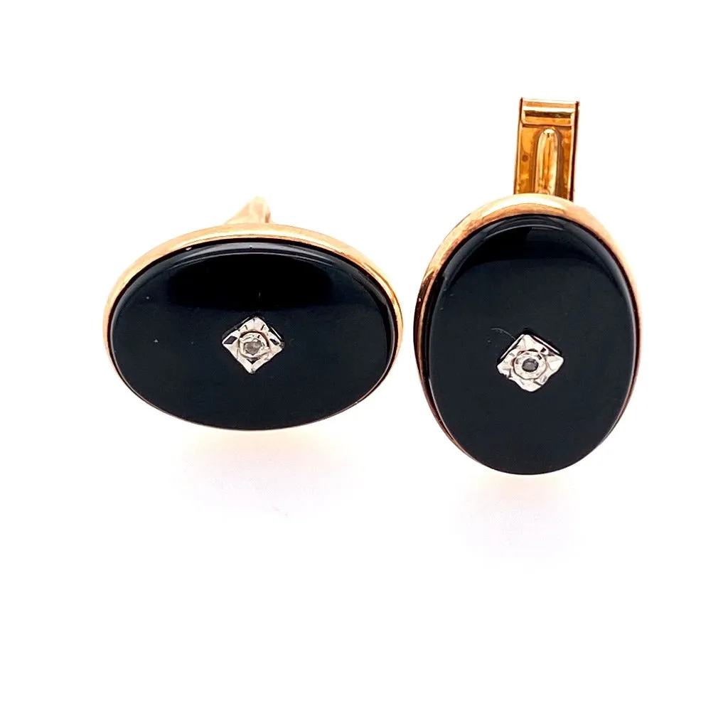 Oval Onyx and diamond accent Cuff links 14kt yellow gold