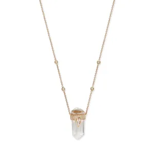 PAVE MORGANITE TEARDROP CAP   CLEAR QUARTZ CRYSTAL NECKLACE