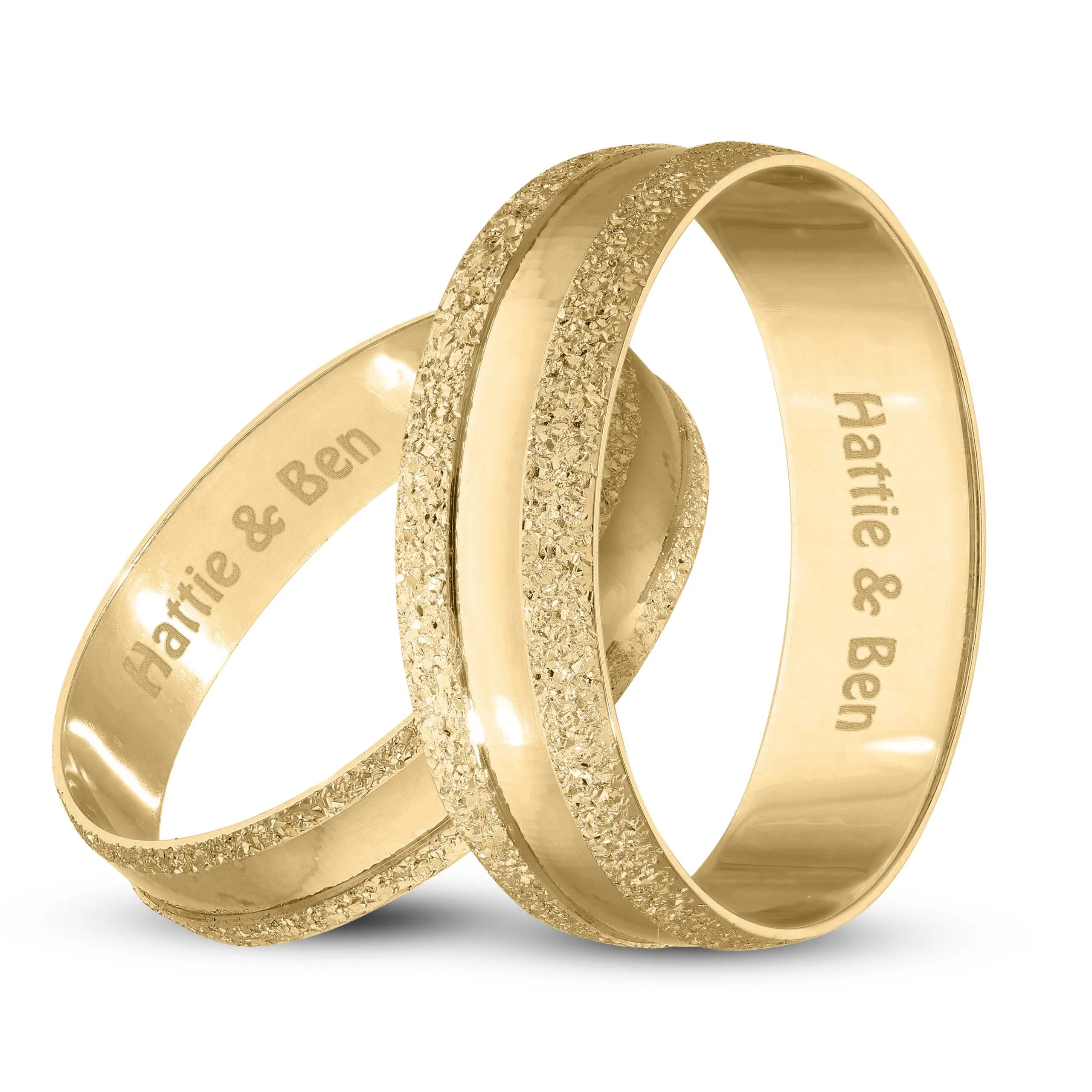 Personalised 9ct Yellow Gold Wedding Ring Set Moon Dust effect on the Edges