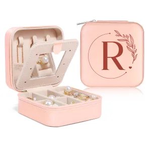 Personalized Jewelry Box, Pink Small Travel Jewelry Box with Initial R, Monogrammed Jewelry Case Organizer for Girls Women Teen, Mini Travel Essentials Gifts for Christmas Birthday