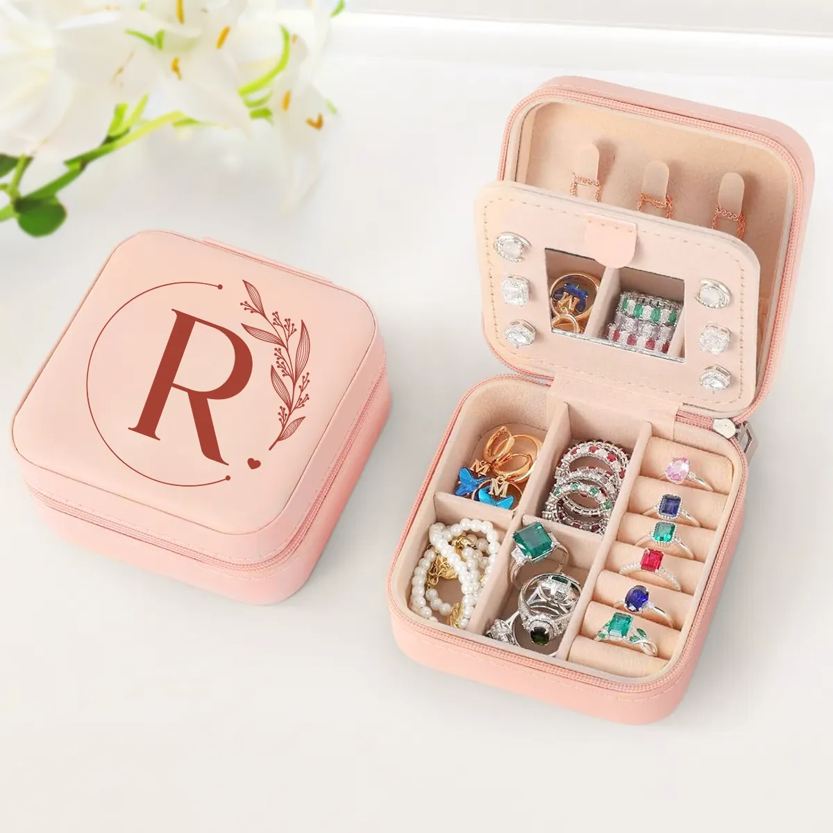 Personalized Jewelry Box, Pink Small Travel Jewelry Box with Initial R, Monogrammed Jewelry Case Organizer for Girls Women Teen, Mini Travel Essentials Gifts for Christmas Birthday