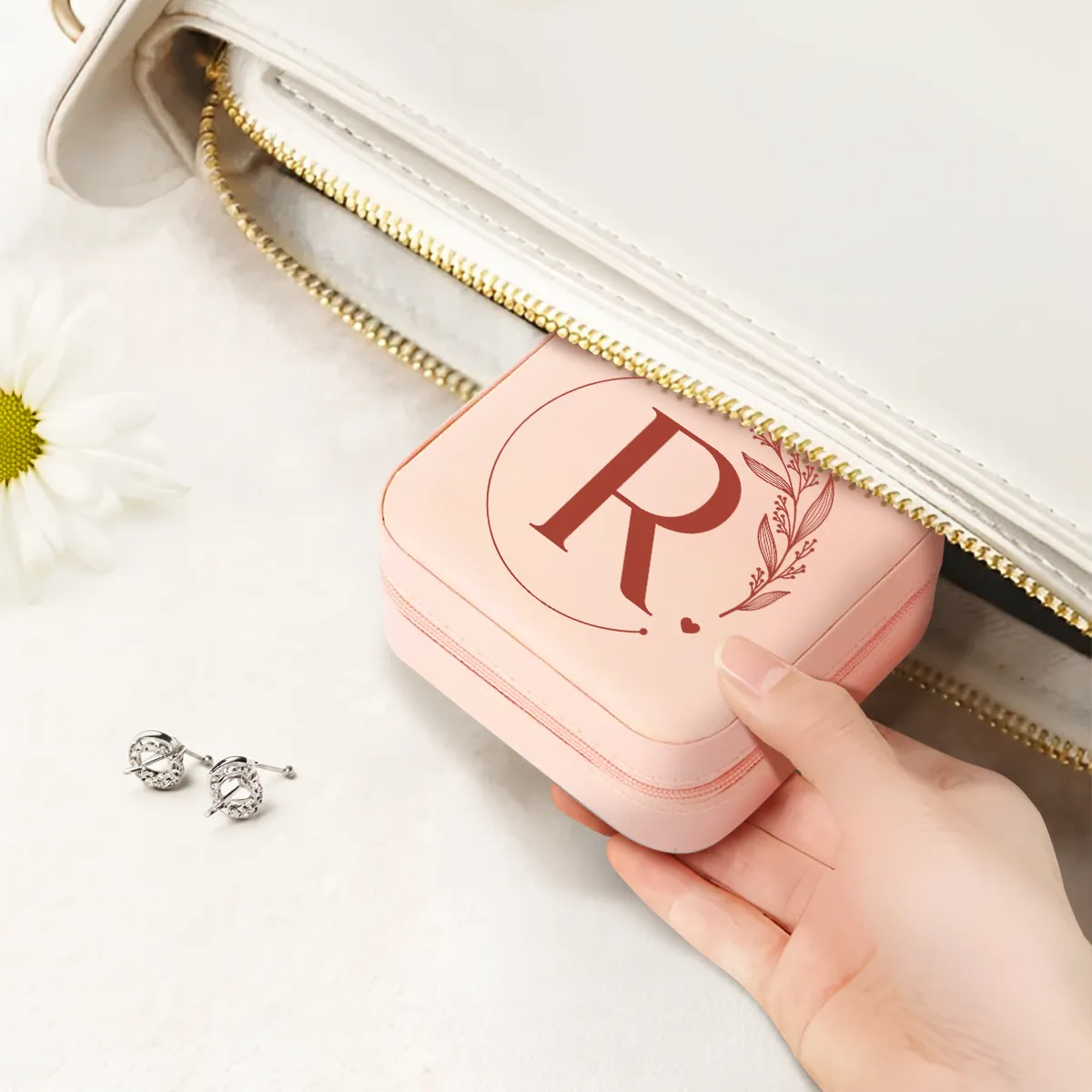 Personalized Jewelry Box, Pink Small Travel Jewelry Box with Initial R, Monogrammed Jewelry Case Organizer for Girls Women Teen, Mini Travel Essentials Gifts for Christmas Birthday