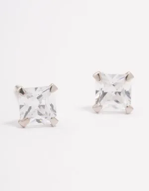 Platinum Sterling Silver Square Cubic Zirconia Stud Earrings