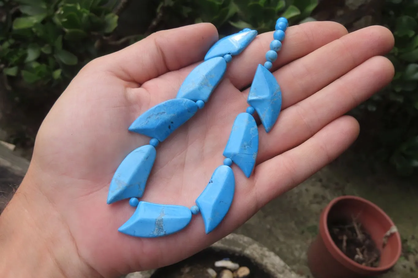 Polished Blue Turquenite - Howlite Fancy Leaf Necklace - Sold Per Pair - From Zimbabwe