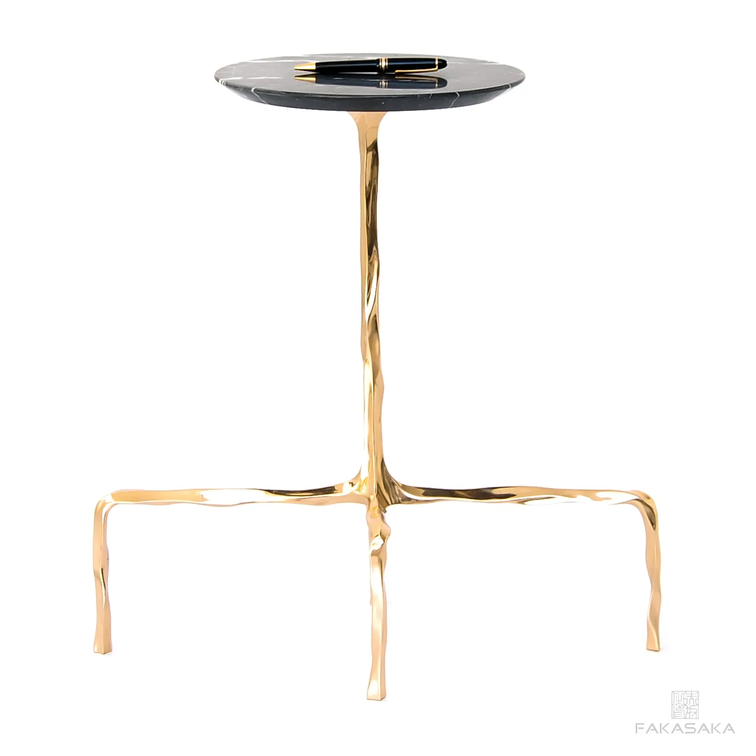 PRESLEY DRINK TABLE<br><br>NERO MARQUINA MARBLE<br>POLISHED BRONZE