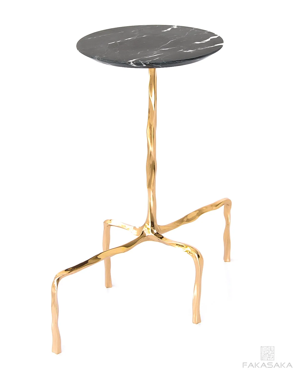 PRESLEY DRINK TABLE<br><br>NERO MARQUINA MARBLE<br>POLISHED BRONZE