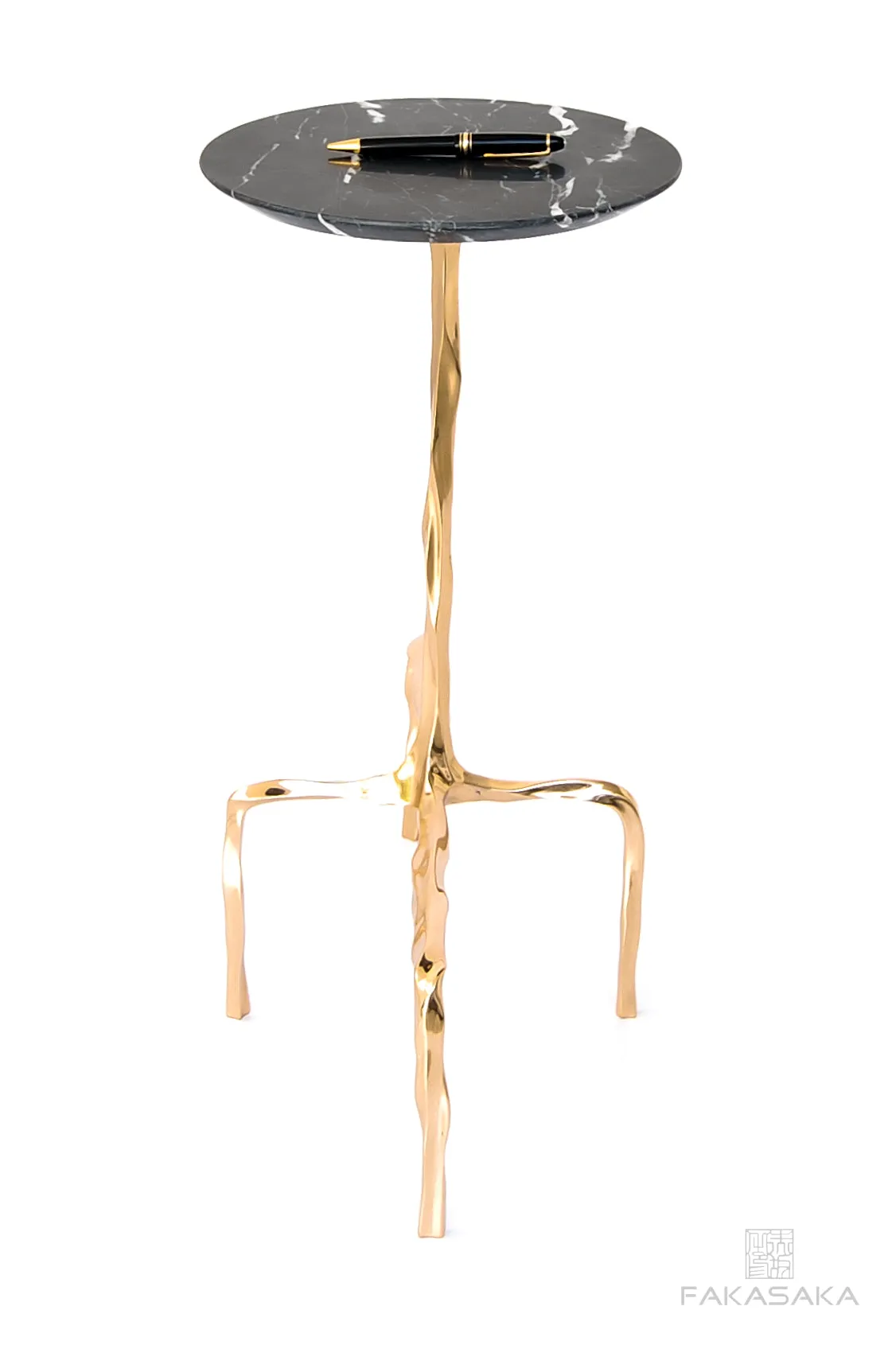 PRESLEY DRINK TABLE<br><br>NERO MARQUINA MARBLE<br>POLISHED BRONZE