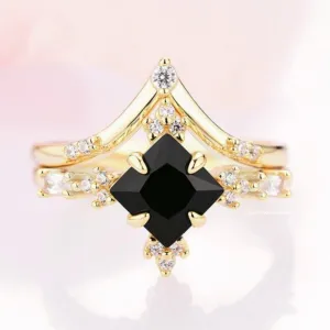 Princess Cut Black Onyx Engagement Ring Set- 14K/18K Solid Yellow Gold