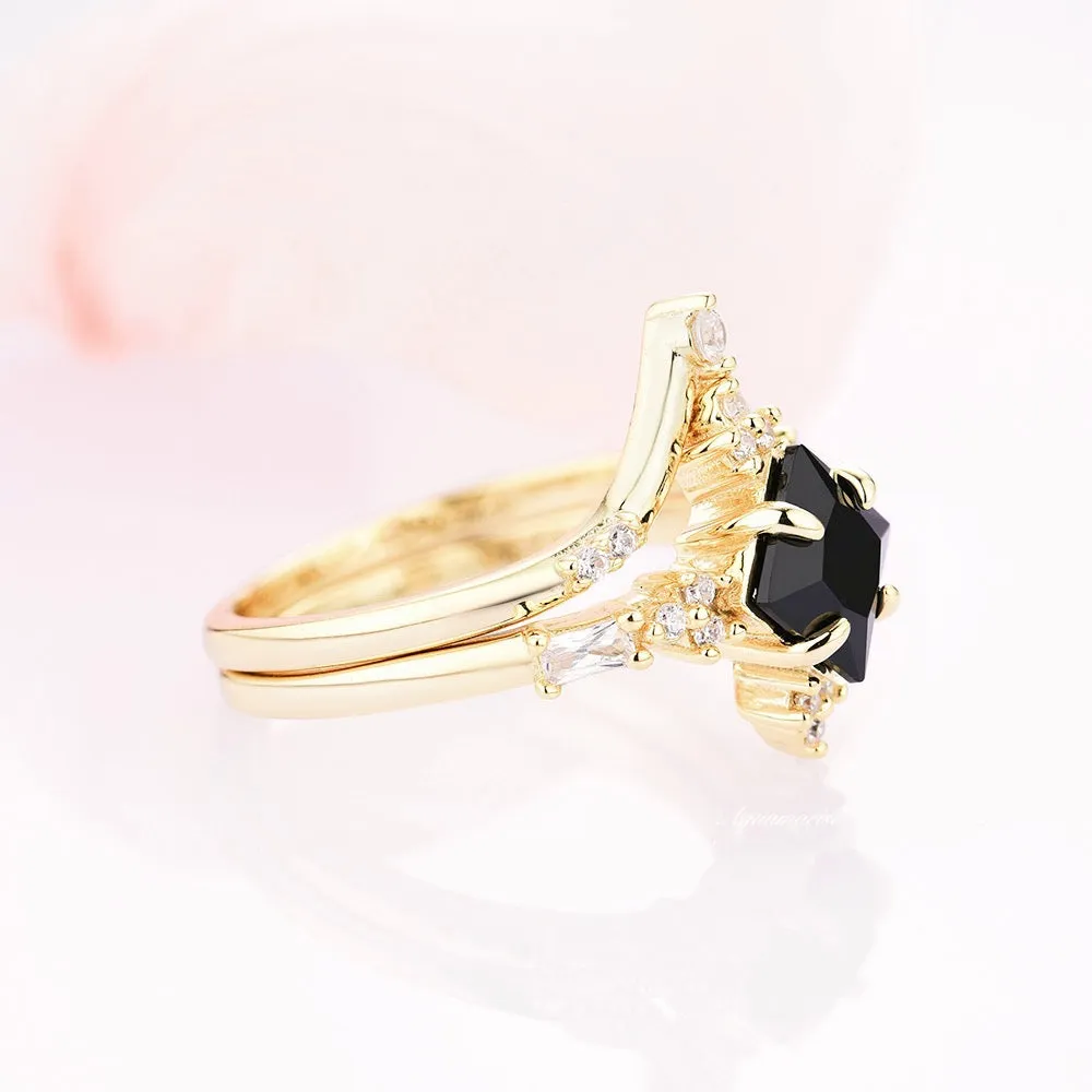 Princess Cut Black Onyx Engagement Ring Set- 14K/18K Solid Yellow Gold