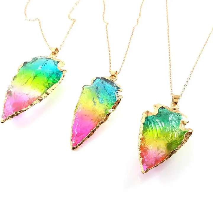 Rainbow Quartz Arrowhead Necklace - Colorful Arrow Head Pendant Necklace