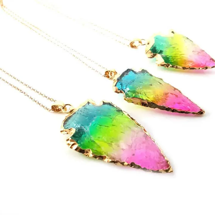 Rainbow Quartz Arrowhead Necklace - Colorful Arrow Head Pendant Necklace