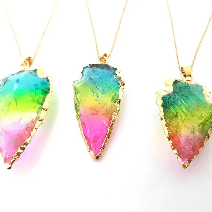 Rainbow Quartz Arrowhead Necklace - Colorful Arrow Head Pendant Necklace