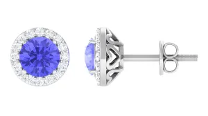 Real Tanzanite Halo Stud Earrings with Dimaond