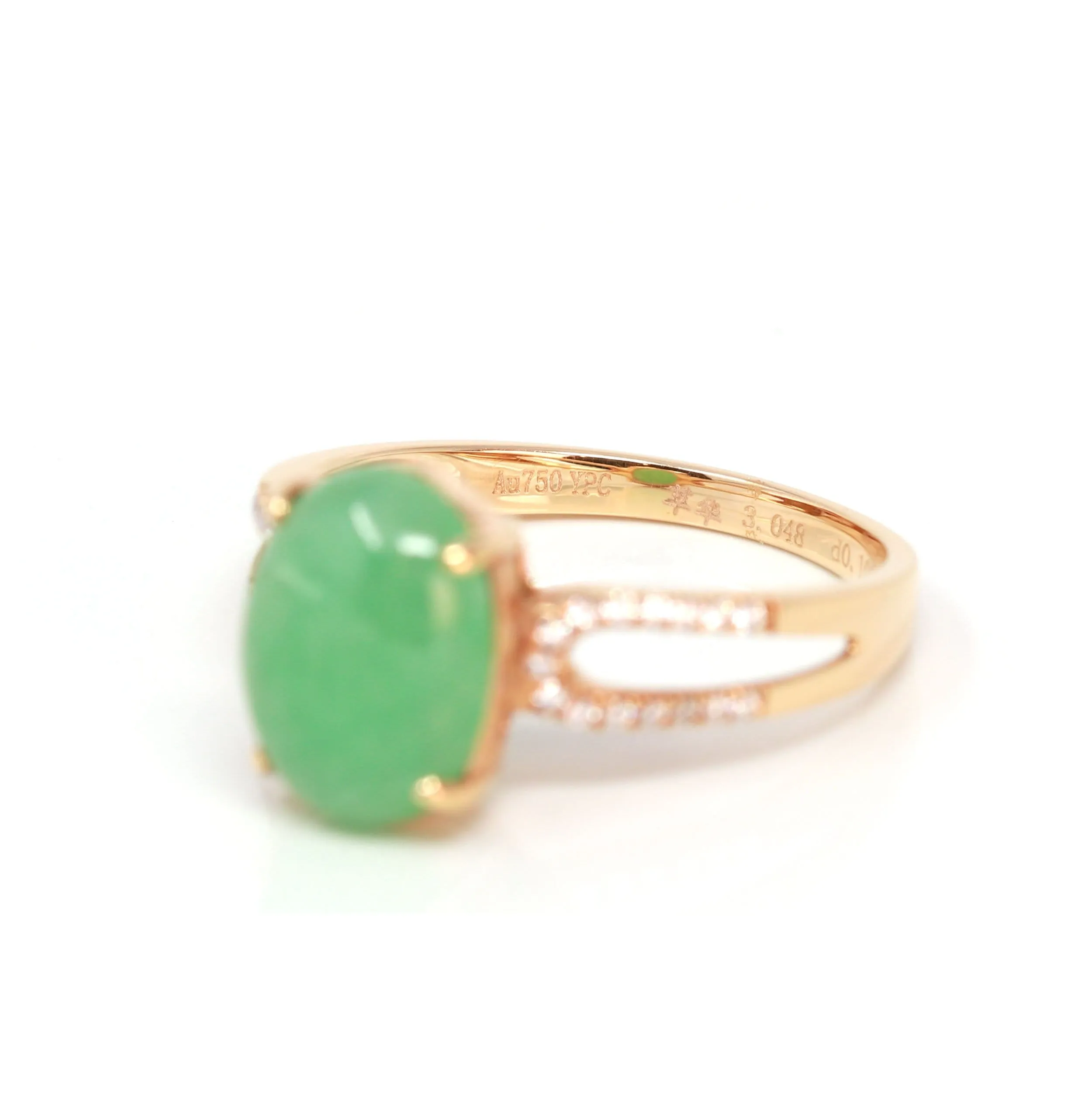 RealJade® "Imperial Cabochon" 18k Rose Gold Natural Gree Jadeite Ring With Diamonds