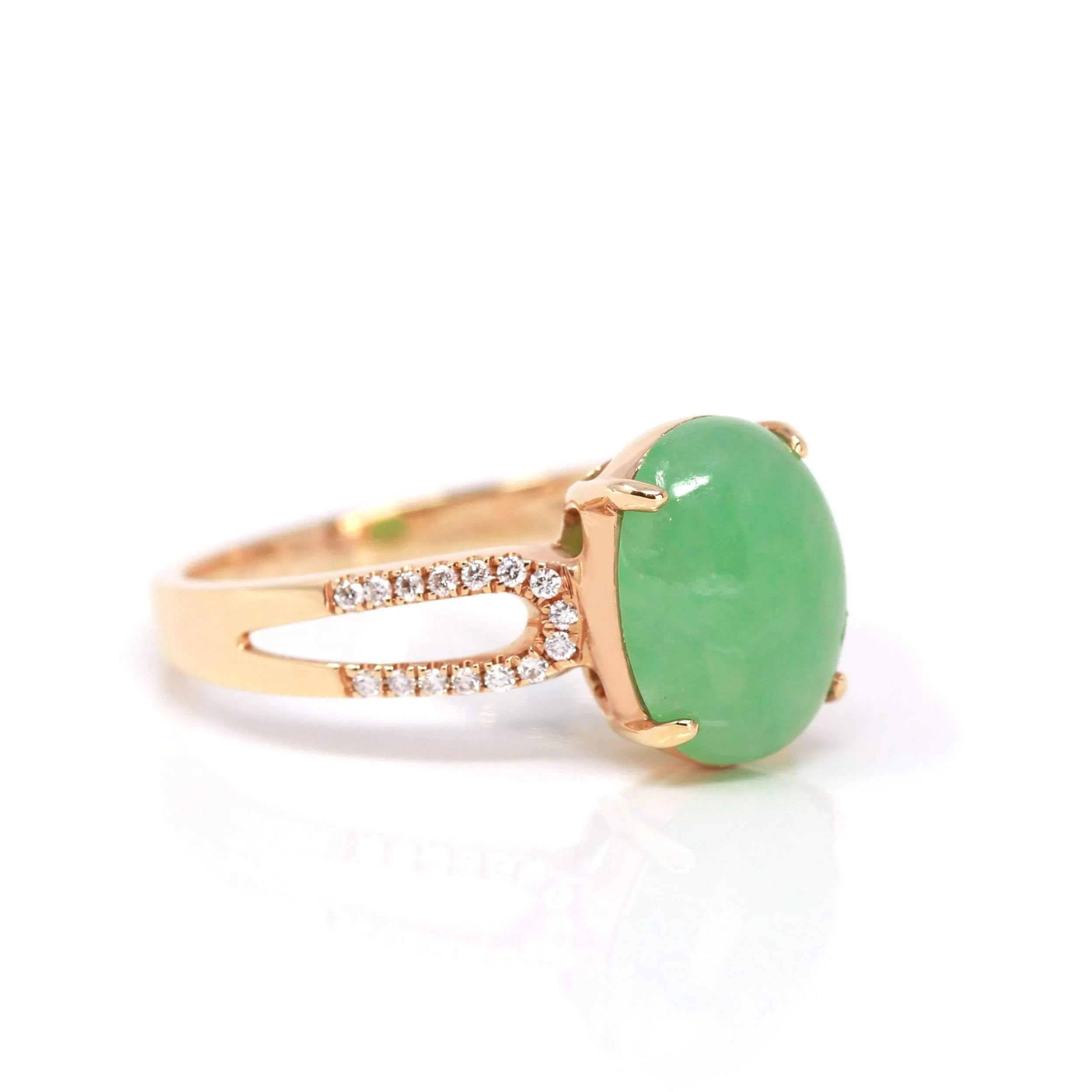 RealJade® "Imperial Cabochon" 18k Rose Gold Natural Gree Jadeite Ring With Diamonds