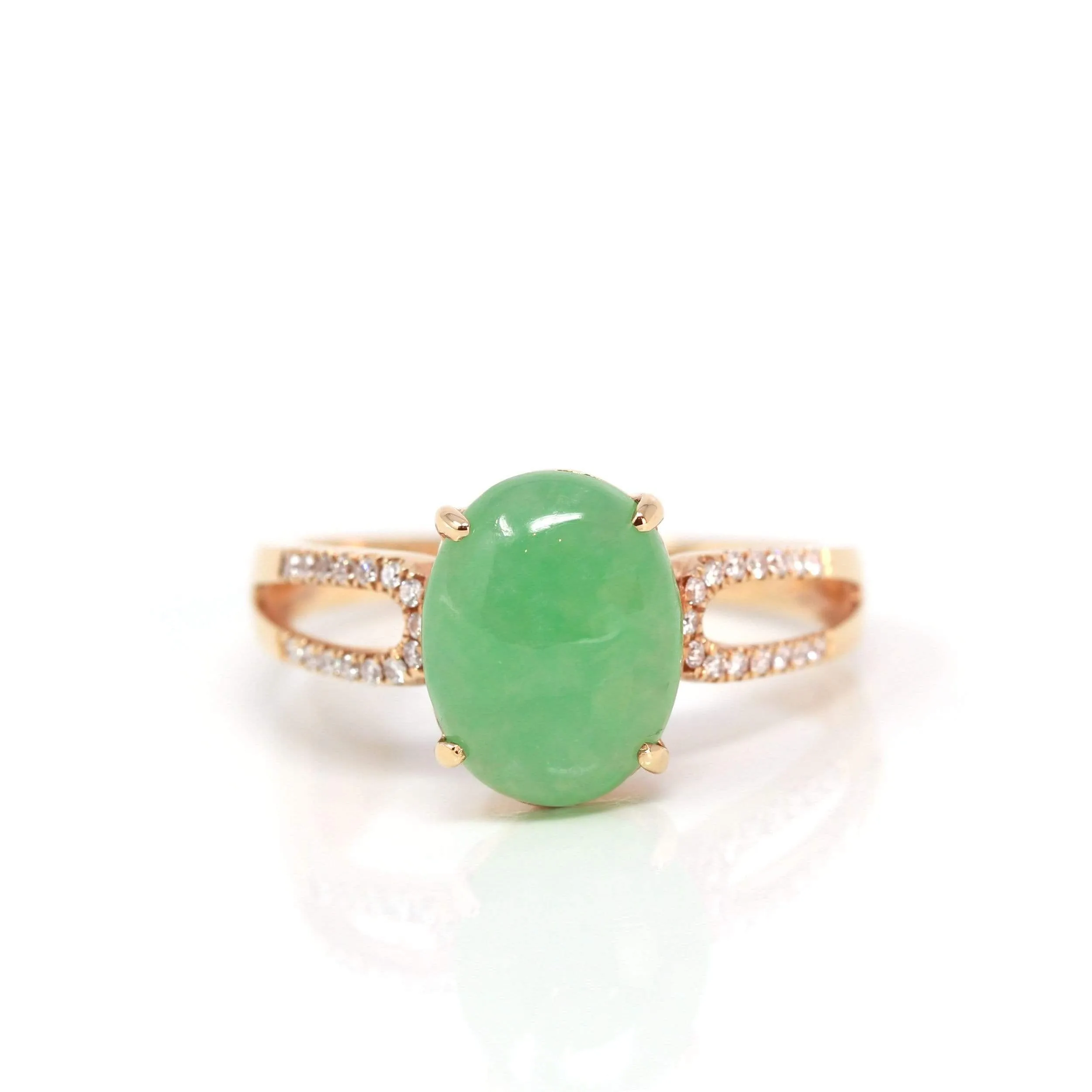 RealJade® "Imperial Cabochon" 18k Rose Gold Natural Gree Jadeite Ring With Diamonds