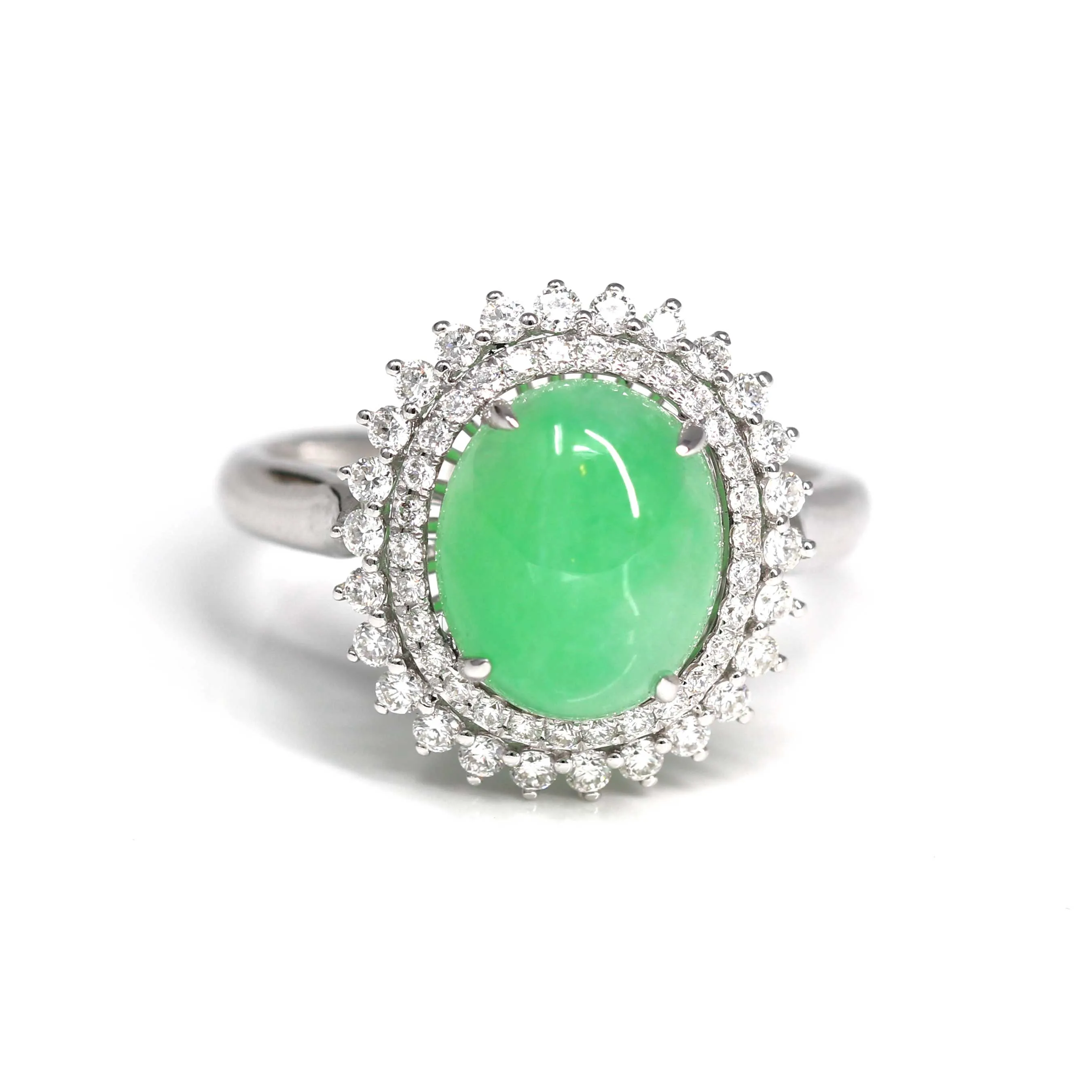 RealJade® Signature Double Halo 18k White Gold Natural Imperial Green Jadeite Jade Engagement Ring